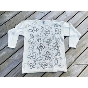 Vintage Beaded Sequin Cream Sweater Top Womens Medium All Points Reference Point